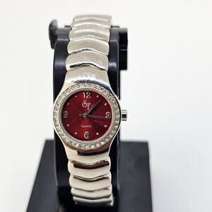 SF‎ Women's Cuff Watch 22MM Red Dial Crystal Bezel Gray Bands 5.75" New Battery